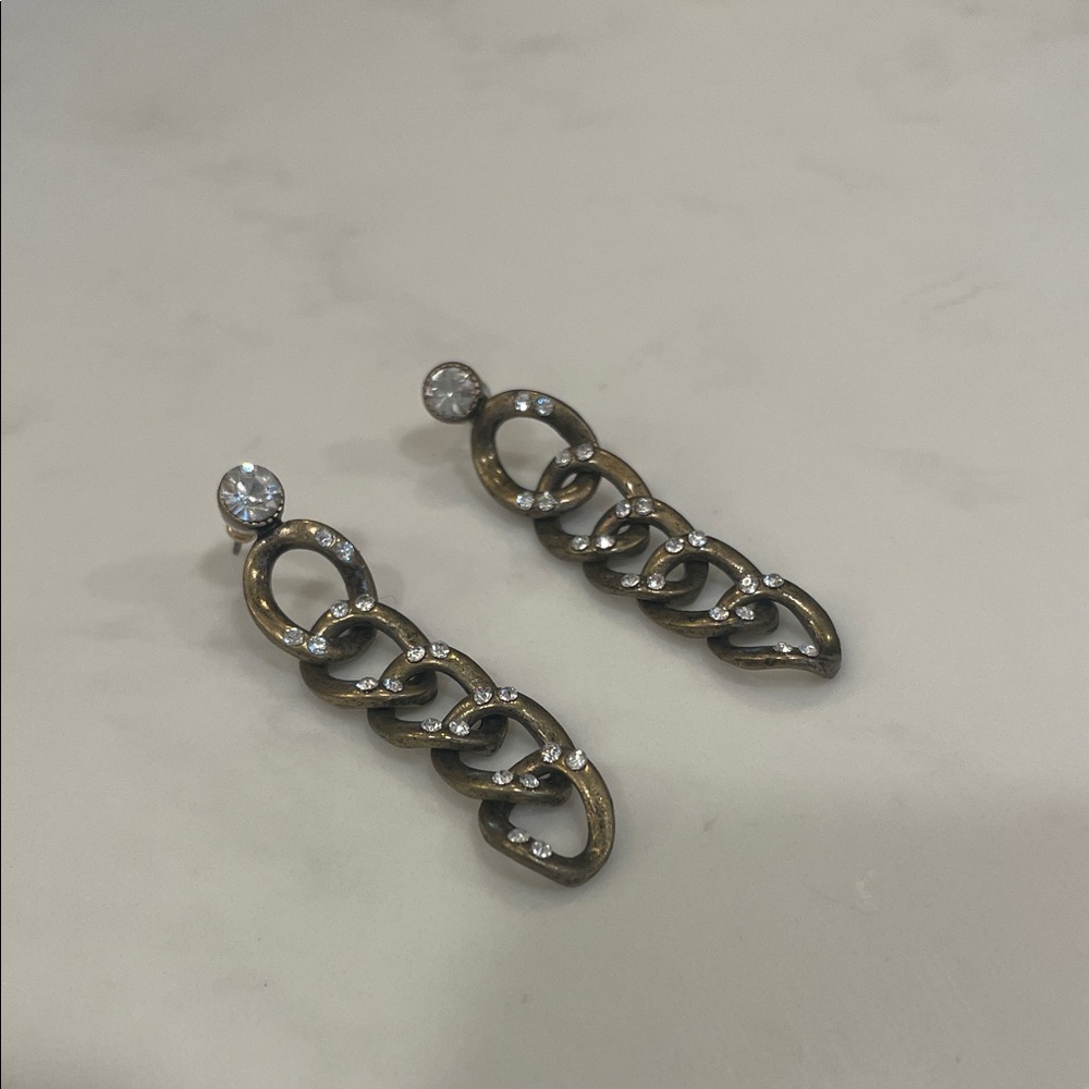 Brass Drop Chain-Link Earrings with CZ Crystals